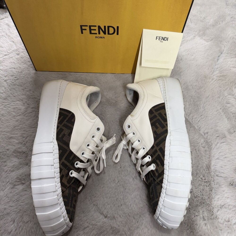 Fendi Force Brown FF Canvas White Platform FF Logo Low Top Trainer Sneaker SZ 10